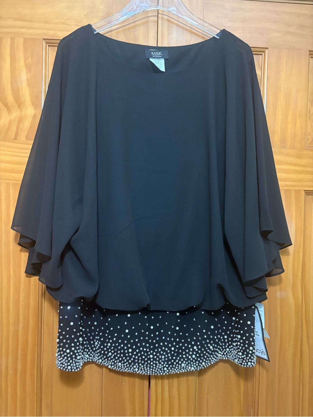 MSK Black Elegant Flowing Draped Sleeve Top with Beaded Hem Size 2X NWT